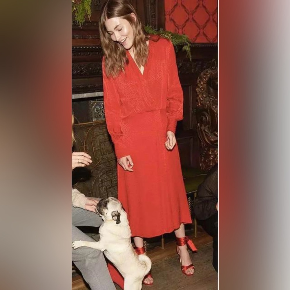 H&M Red Subtle Snakeskin Print Faux Wrap Long Sleeve Dress